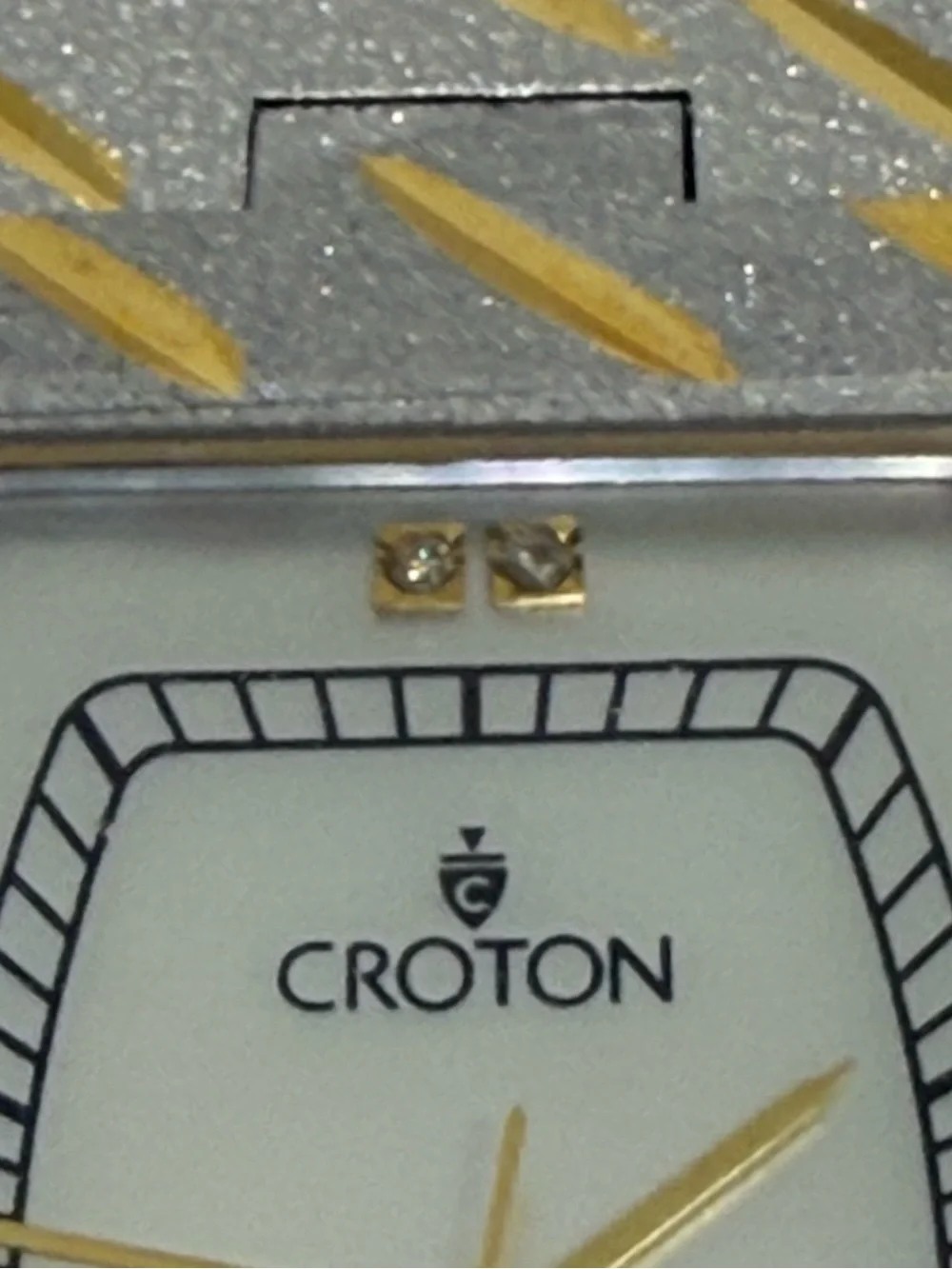 Croton Two-Tone Gold and Silver Rectangular Mother-of-Pearl CZ Diamonds Watch